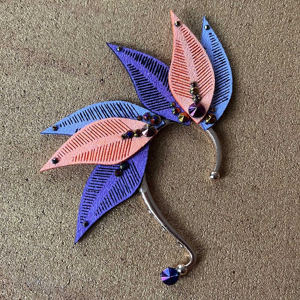 Purple & orange faux feather leaf ear cuff w rhinestones